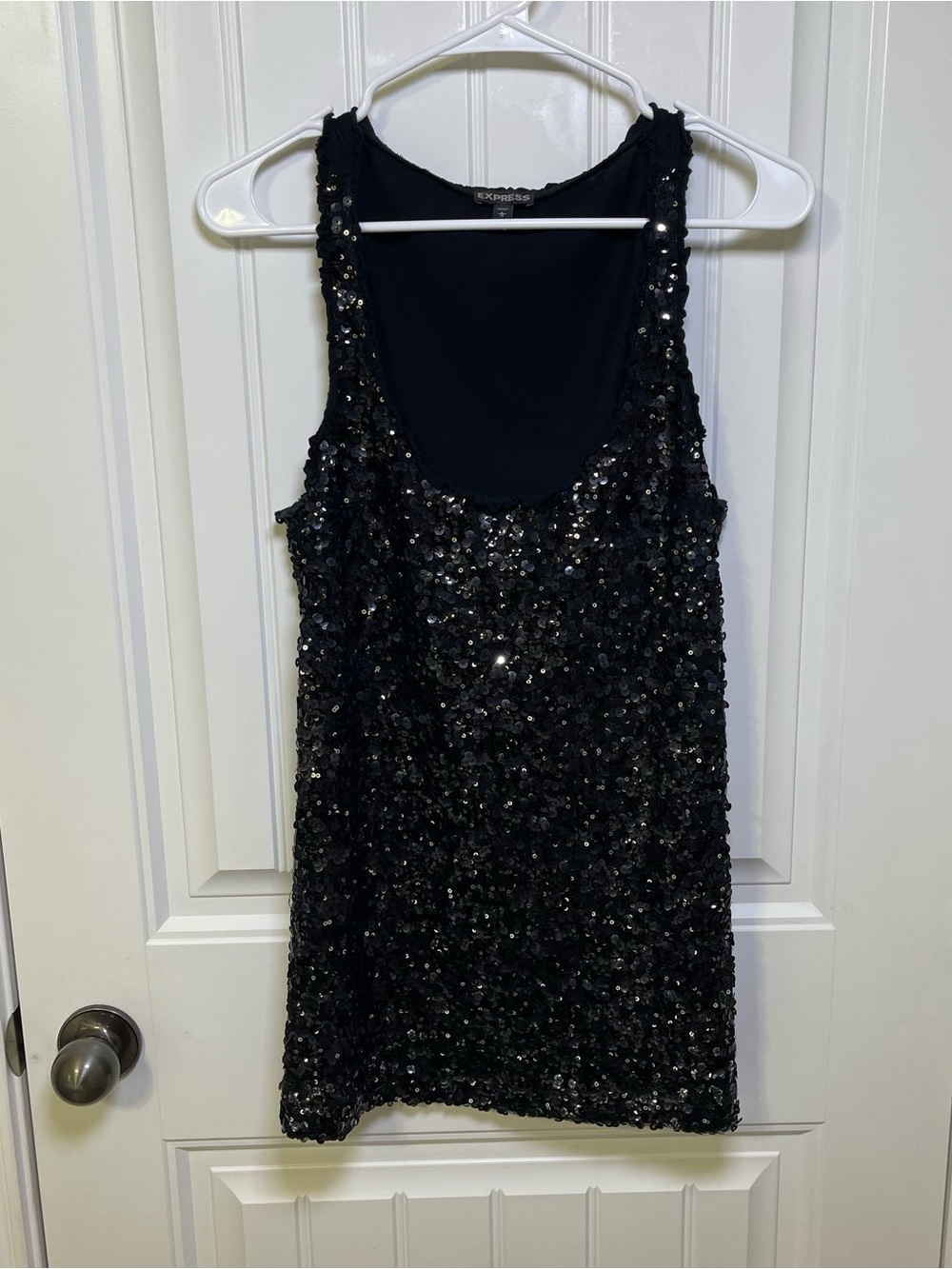 Express Black Sequin Tank Top Women's Size Large Scoop Neck Sparkle Party Fun